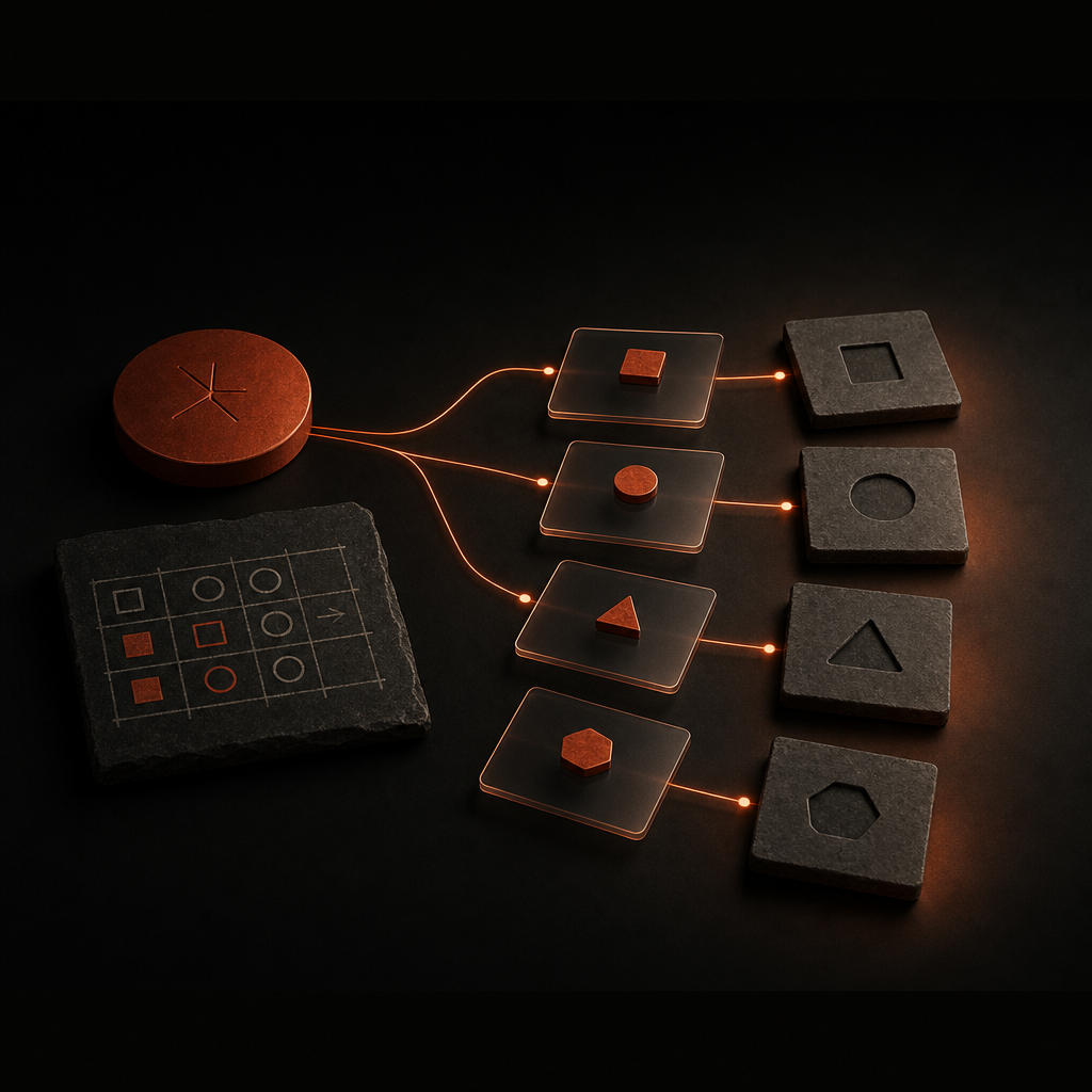 Illustration of workflow tasks distributed across interconnected panels with vermilion accent lighting