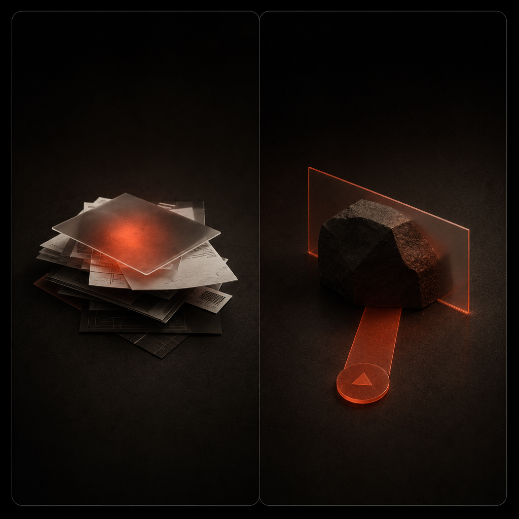Vermilion light illuminating translucent planes representing outcome-focused AI chief of staff workflow