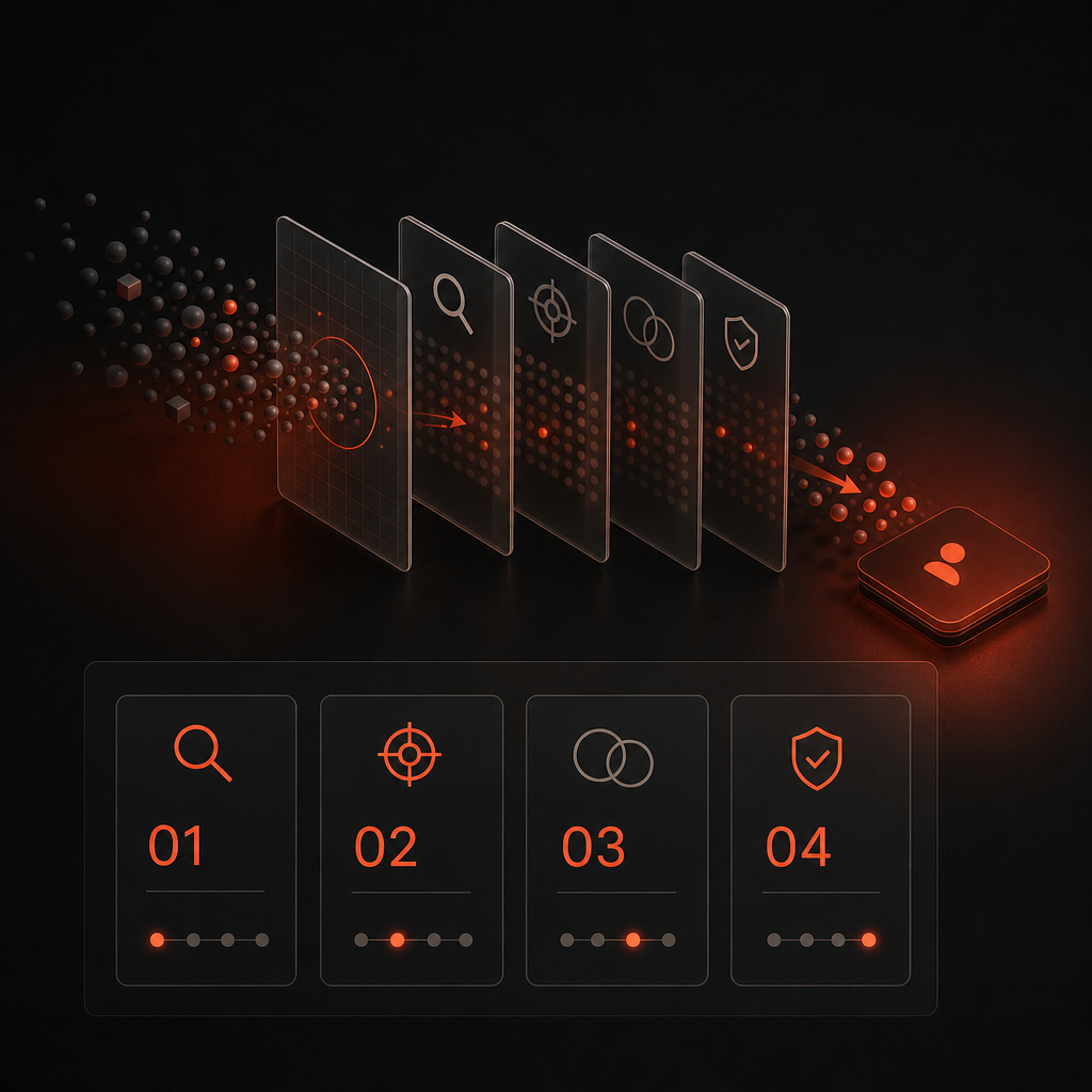 Abstract illustration of layered translucent planes with vermilion accent light finding and scoring accounts