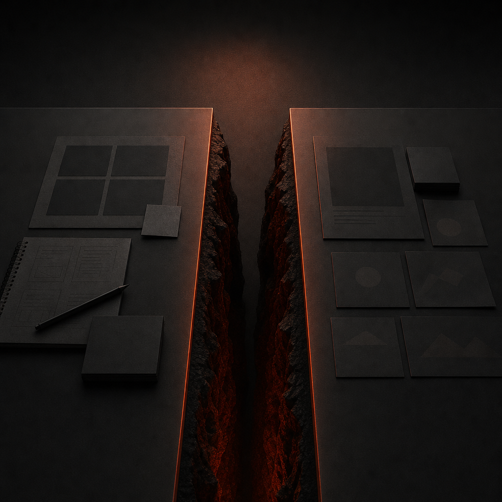 Abstract illustration of a gap between two translucent planes with vermilion light bridging the divide