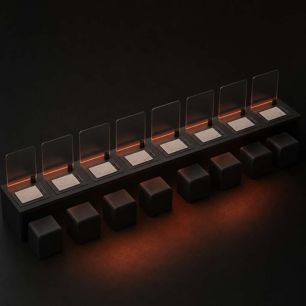 Eight distinct job roles arranged on a collaborative bench representing AI creative strategist seats