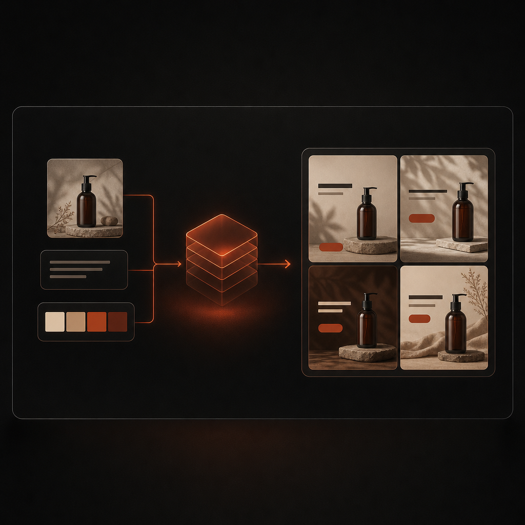 Product image, headline, and brand colors combining into formatted ad visual mockups