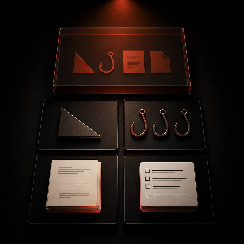 Illustration of creative production elements, angle, hooks, script, and rules, arranged as layered translucent planes with vermilion accent li