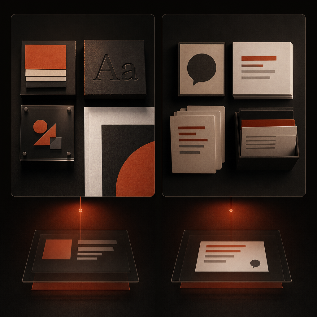 Visual comparison showing design elements on one side and spoken words on the other as an AdCreative.ai alternative