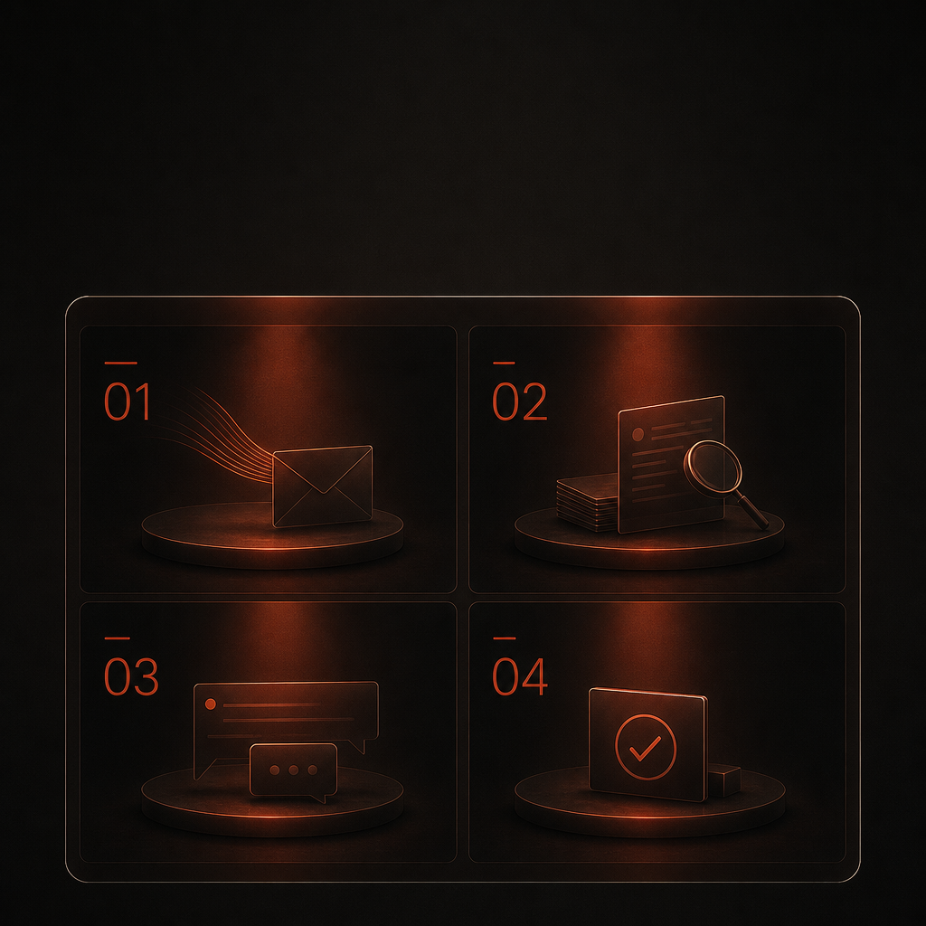 Four inbox monitoring tasks visualized as stacked translucent planes with vermilion light accent
