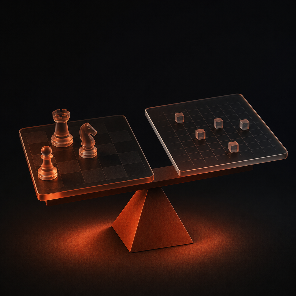 Two overlapping transparent planes with vermilion light separating presence from accuracy measurement concepts