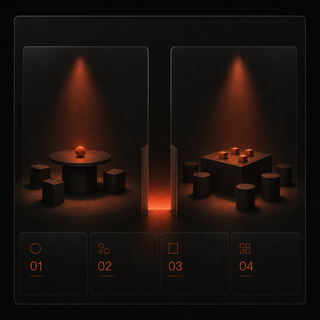 Two distinct room layouts representing different foundational assumptions about tool users