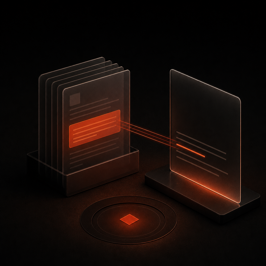 Abstract illustration of a document anchored to source passages, representing grounded AI ebook hallucinations prevention