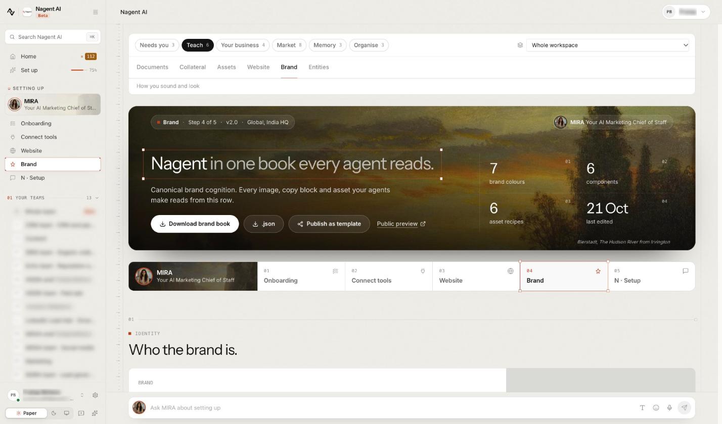 The Knowledge Hub's Brand tab: the brand book, headed in one book every agent reads, with Download brand book and counts of brand colours, components and asset recipes
