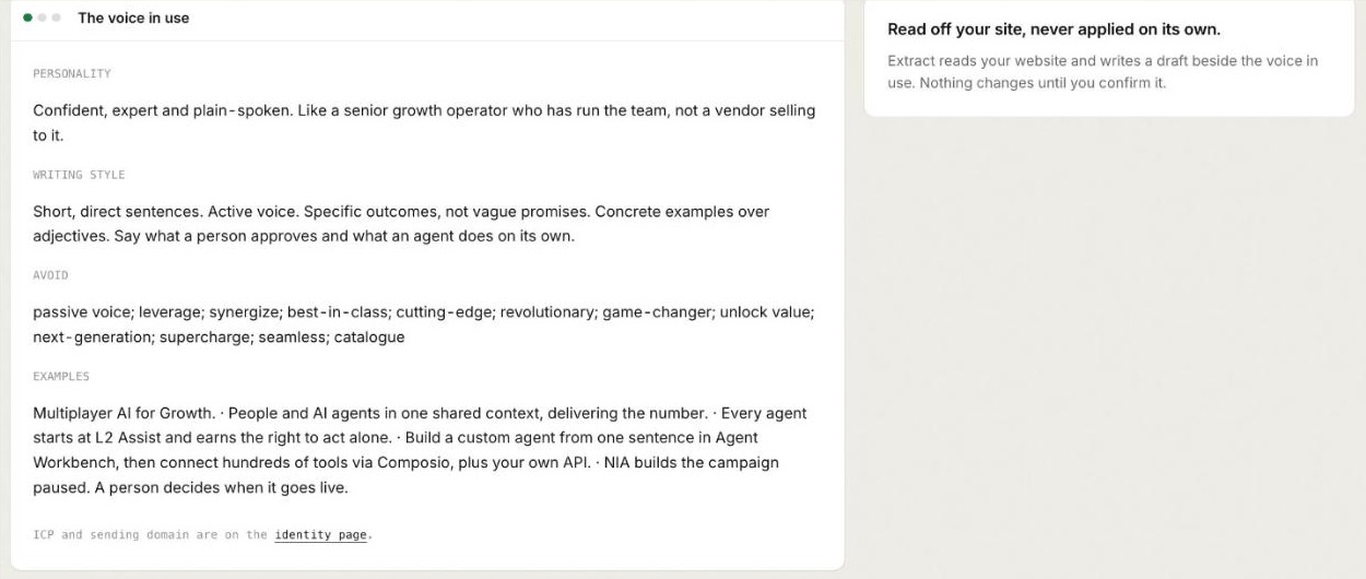 The voice in use on the Brand tab, with Personality, Writing style, an Avoid list of banned words and Examples, beside a note that an extracted voice is never applied on its own