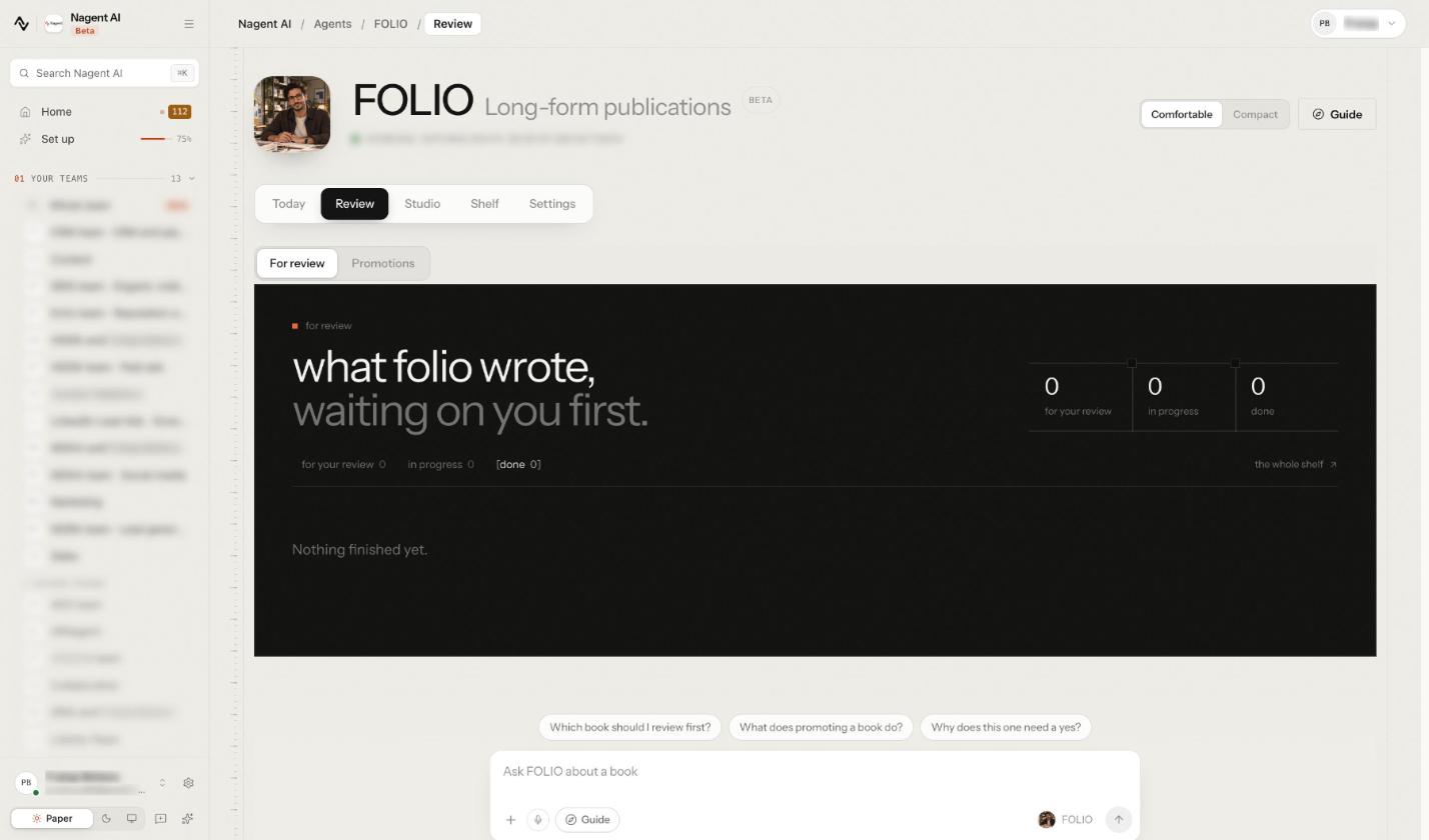 FOLIO's Review tab with For review and Promotions, the counts for your review, in progress and done, and the Ask FOLIO about a book box with suggested questions