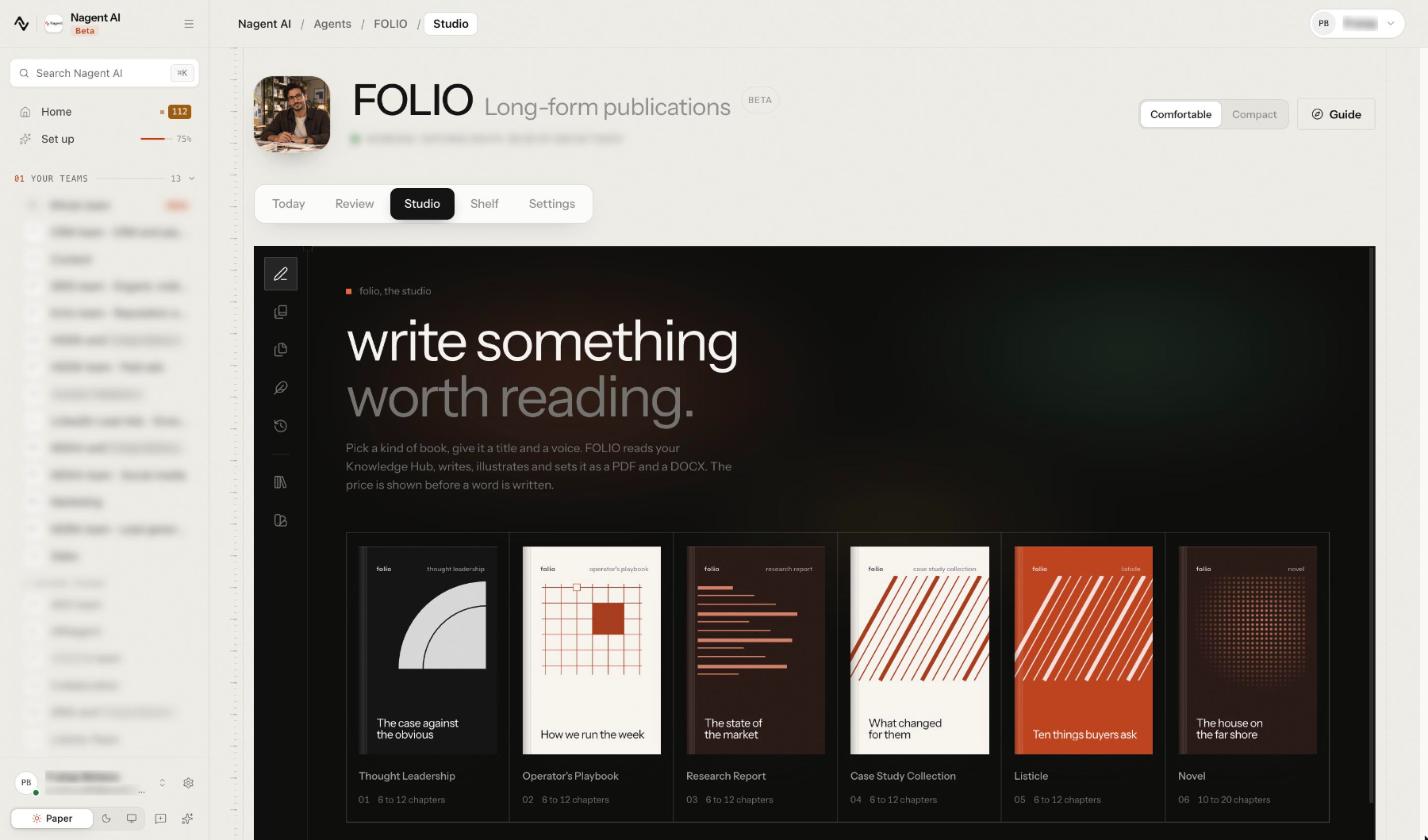 FOLIO's Studio with the Beta tag in the header and six kinds of book: Thought Leadership, Operator's Playbook, Research Report, Case Study Collection, Listicle and Novel, with their chapter ranges