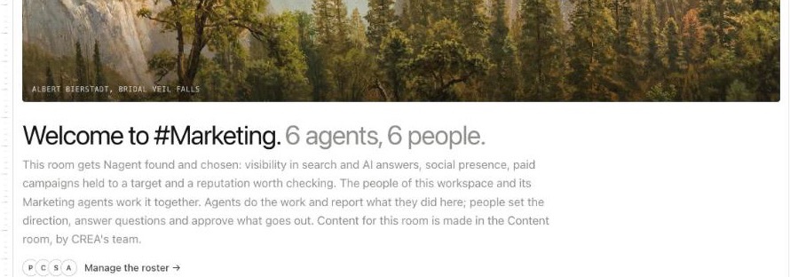 The top of the Marketing room: Welcome to #Marketing with its count of agents and people, the room's charter ending with content made in the Content room by CREA's team, and Manage the roster