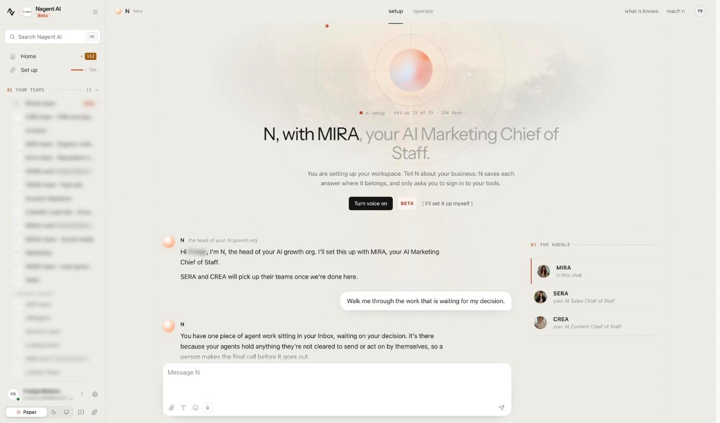 N · Setup headed N, with MIRA, your AI Marketing Chief of Staff, with the huddle listing MIRA, SERA and CREA