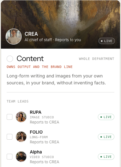 The Content card at sign-up: CREA as AI chief of staff, Whole department, Owns output and the brand line, with the RUPA, FOLIO and Alpha team leads tagged Live and reporting to CREA