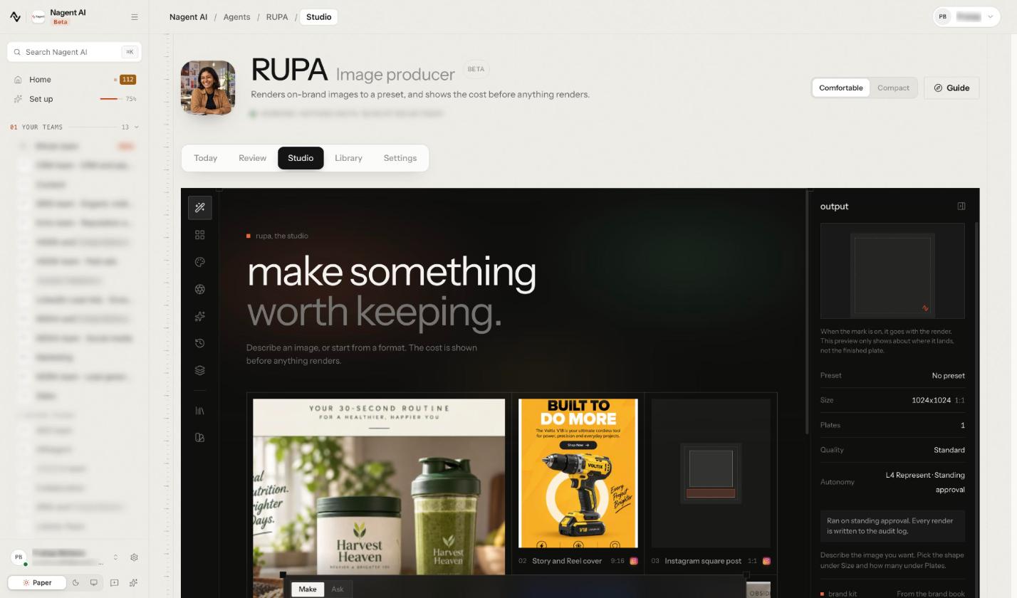 RUPA's studio, with sample formats and an output panel showing preset, size, plates, quality and the brand kit from the brand book