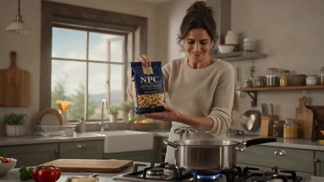 AI-generated pasta brand commercial created with Ad Genie featuring emotional family storytelling and modern food advertising visuals.
