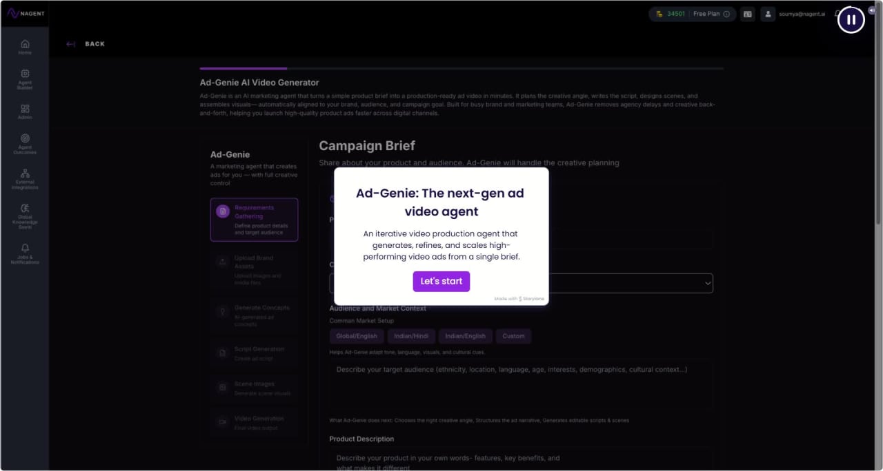 Demo video of end to end ad video generation using ad genie agent on nagent ai platform
