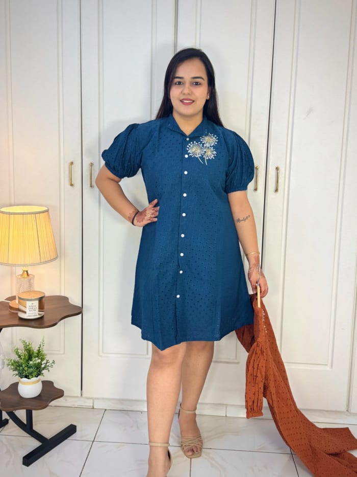 Schiffli Cotton Hand Embroidered Short Dress