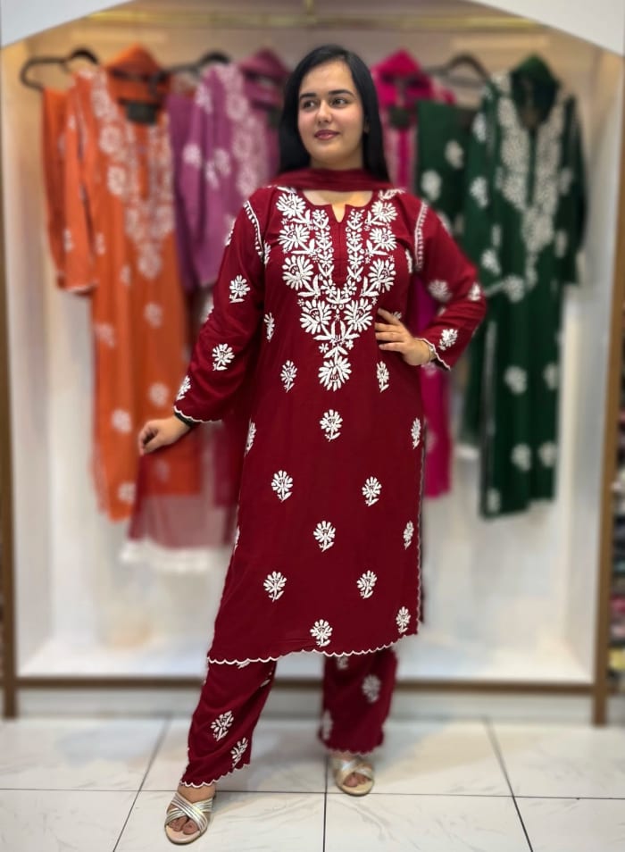Rayon Chikankari Hand Embroidered Suit