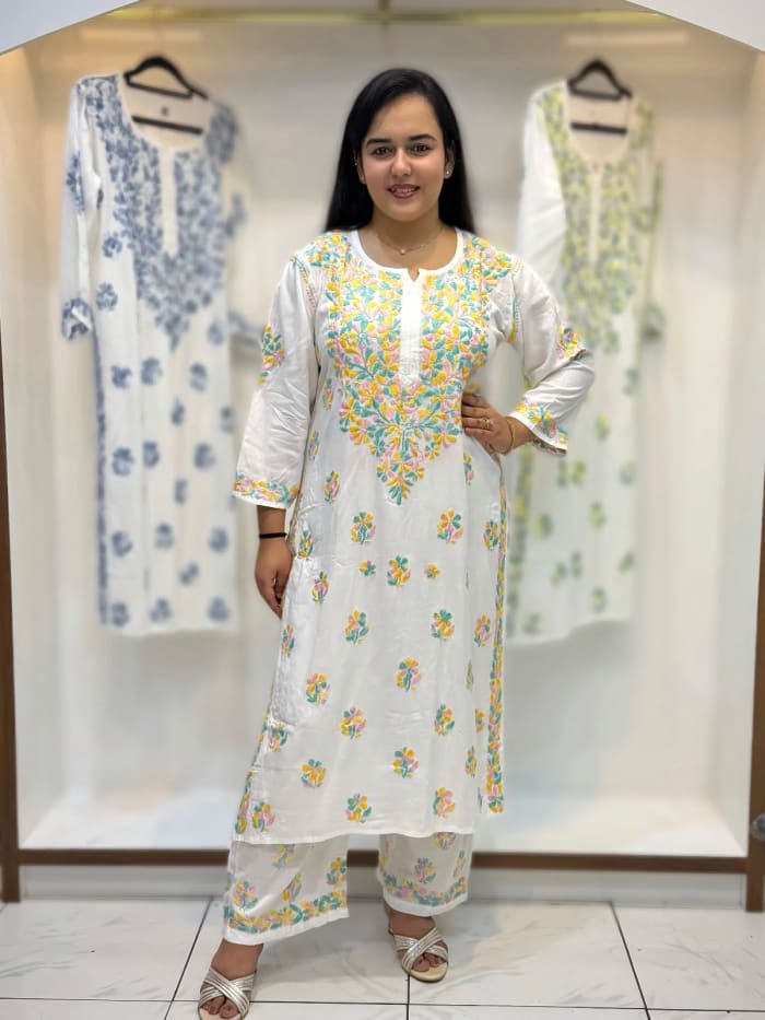 White Rayon Hand Embroidered Chikankari 2PC Set