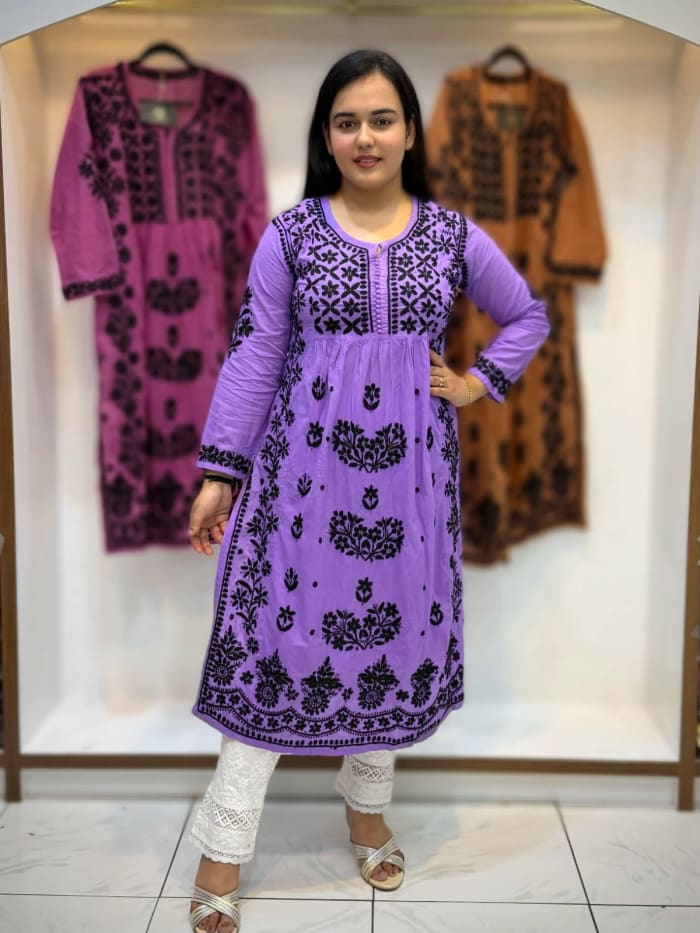Dobi Cotton Naira Cut Chikankari Embroidered Kurti