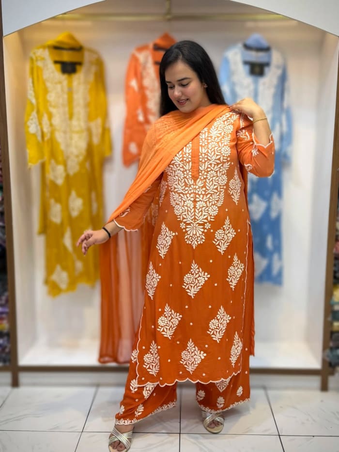 Premium Crepe Fabric Chikankari Hand Embroidered Suit