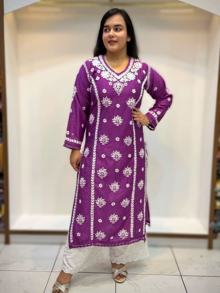 Chanderi fabric V Neck 3D Chikankari & Lace Work Kurti