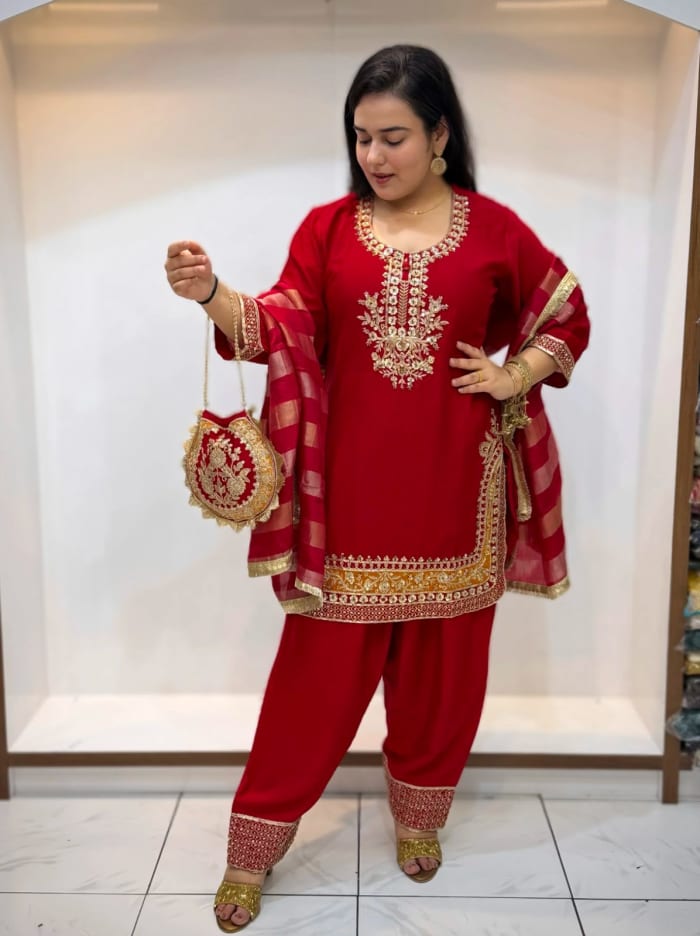 Pure Chinon Festive Farshi Salwar Set with Potli Bag