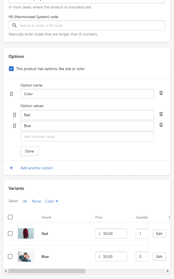 Image showing the process of adding options to a Shopify product