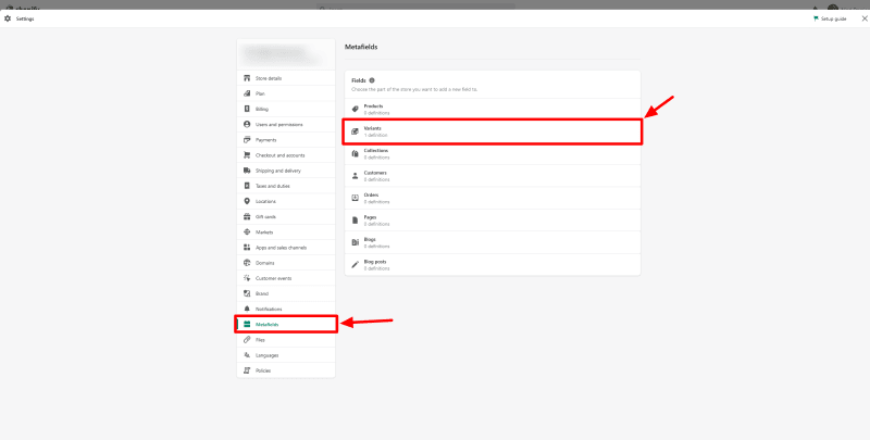 Shopify settings page highlighting the metafields setting