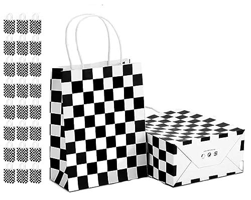 50 Pieces Stylish White and Black Checkered Bags Racecar Themed Candy Bags Plain Kraft Paper Party Favors Bags Shopping Goodies Bags, 21 x 8 x 15 cm