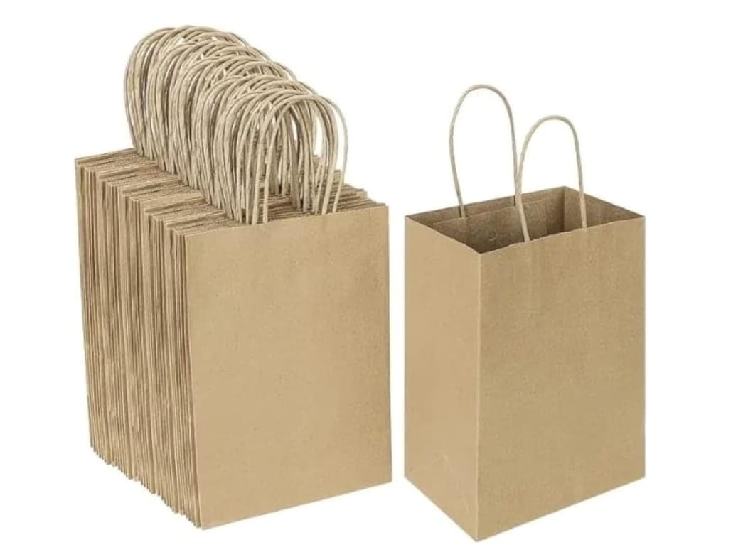 Kraft Paper Bags with handle of size 15 x 8 x 21cm, Shopping Bags, Retail Merchandise Bags, Party Favor bags, Gift bags (100 pieces, Brown)