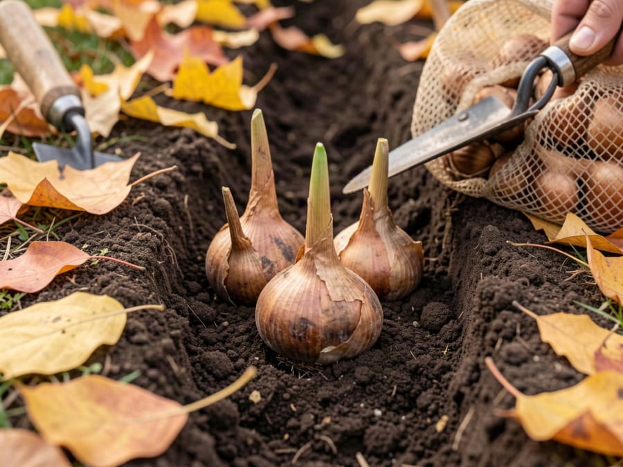 Dormant tulip and daffodil bulbs in a planting trench