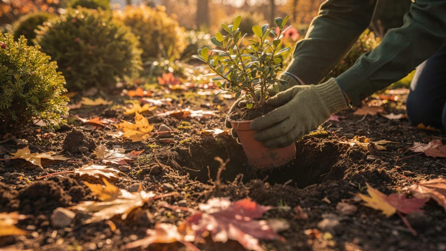 Hands setting a potted shrub into a planting hole