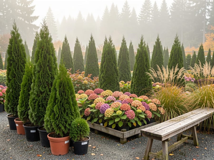 Potted evergreens, hydrangeas and grasses at a nursery in autumn