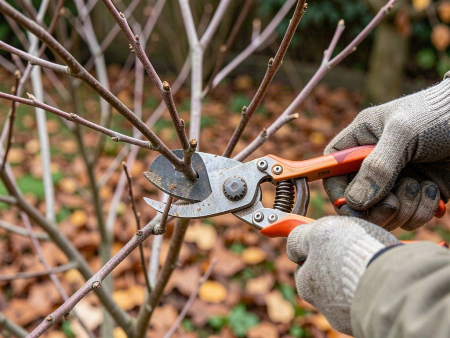 Bypass pruners cutting a dead branch in late autumn