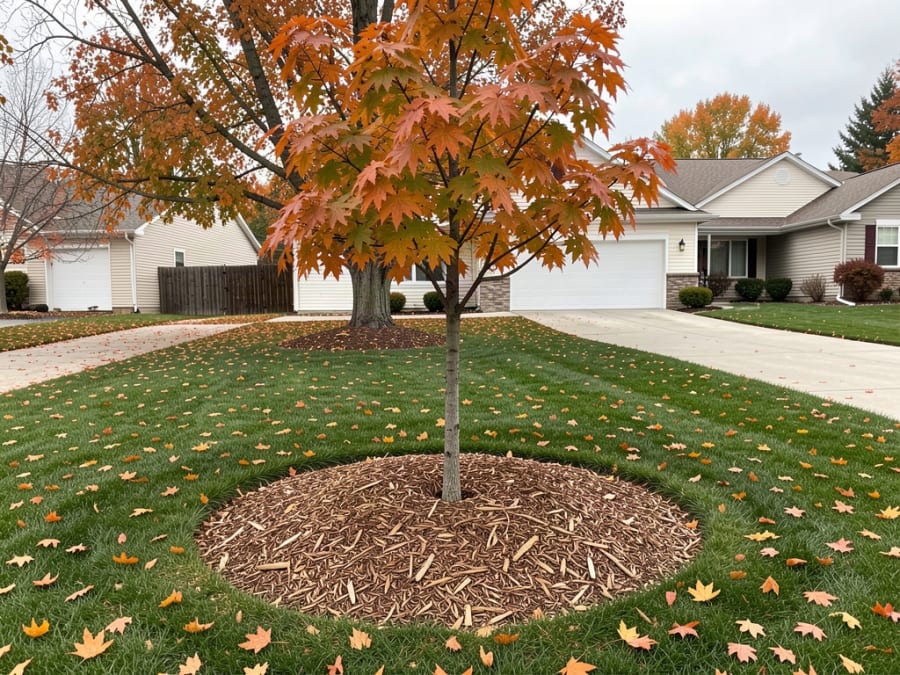 Newly planted maple tree with a wood-chip mulch ring in an autumn front yard