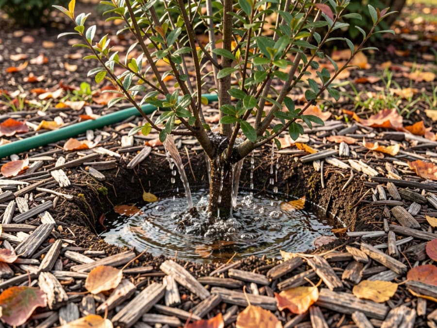 Hose watering a newly planted shrub in a mulched bed