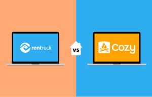 property management solution / rentredi reviews image: rentredi logo on a laptop vs a cozy logo on a laptop
