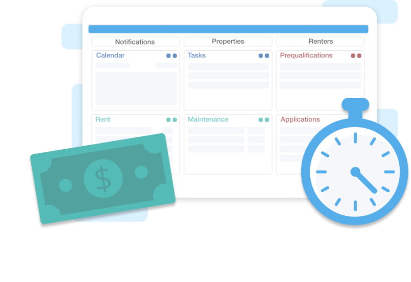 Benefits of RentRedi: Gif of RentRedi dashboard with a money and stopwatch icron