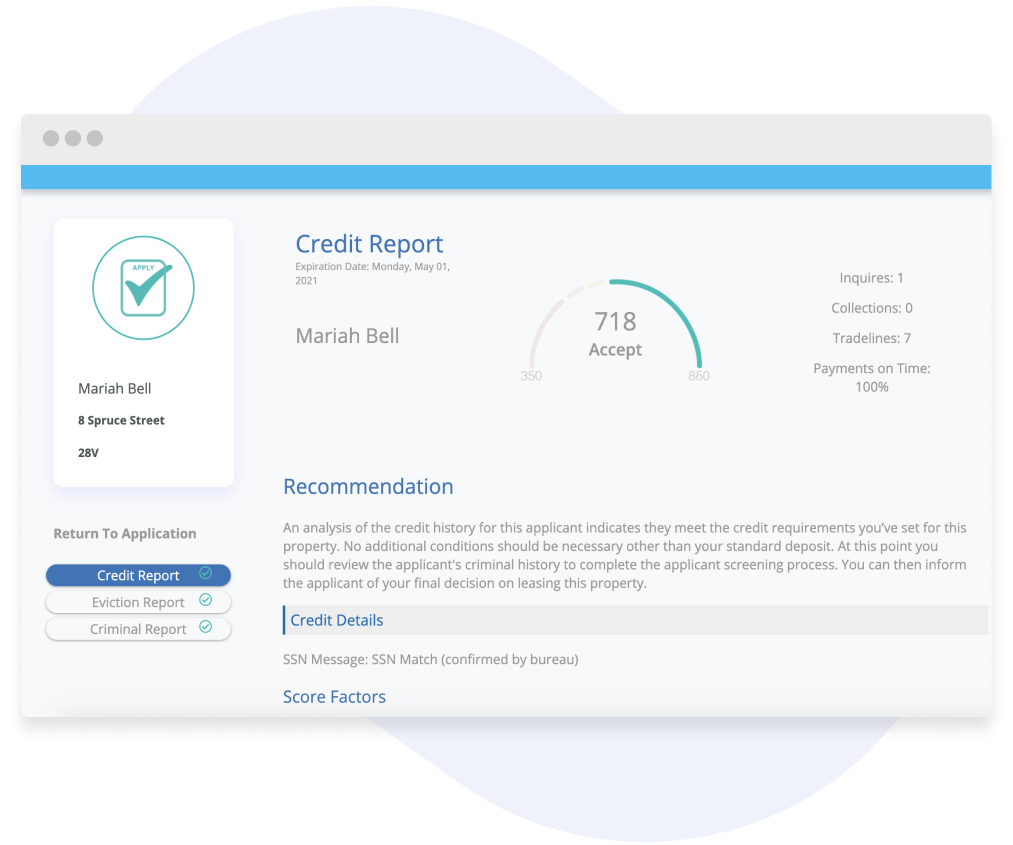 image shows rentredi landlord web app screenshot of tenant's credit report