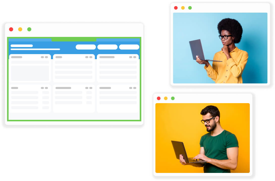 image of rentredi dashboard and two young people on their laptops to schedule a rentredi demo