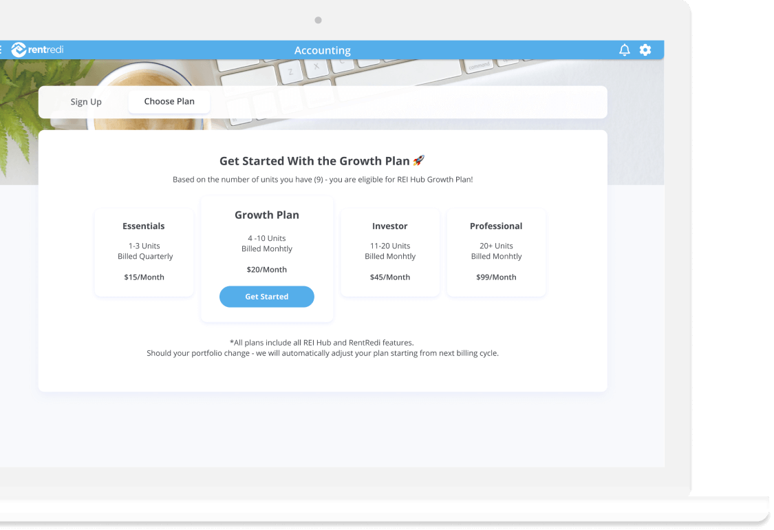 image shows rentredi web app portal with rei hub accounting plan and pricing options