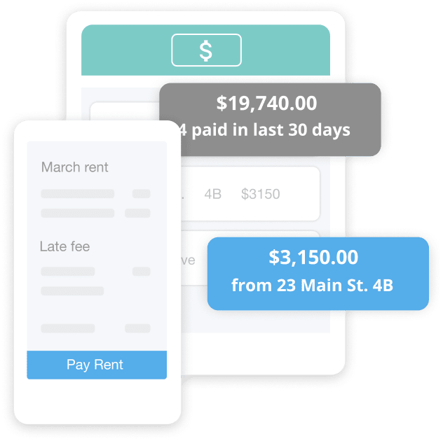Online Rent Payments Image: Graphic with RentRedi app demonstrating how rent payments are shown on mobile devices for landlords and tenants