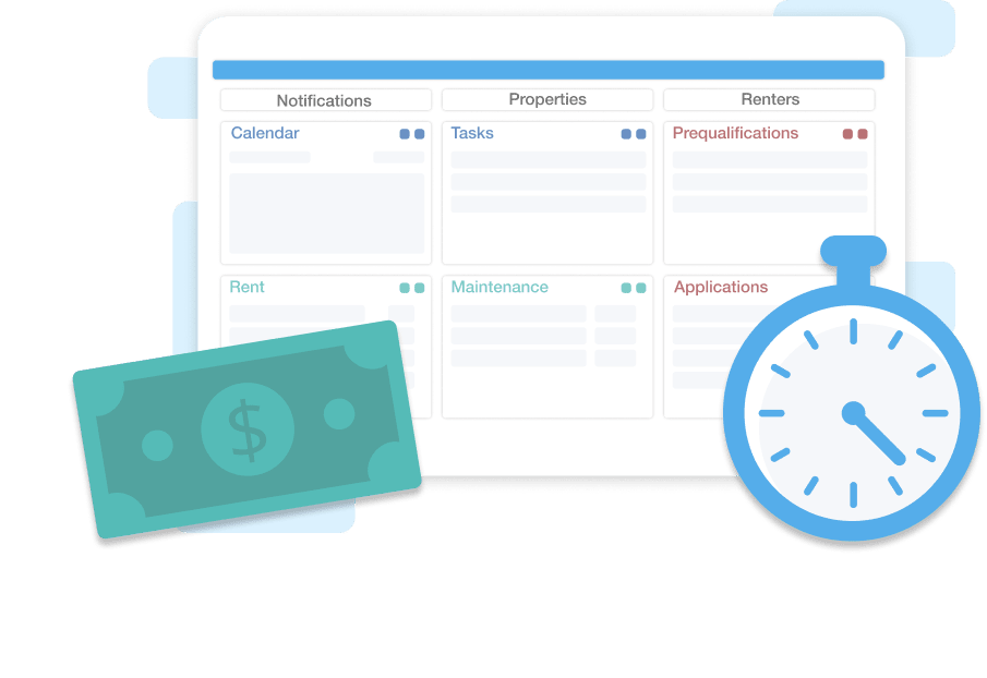 Benefits of RentRedi: Gif of RentRedi dashboard with a money and stopwatch icron
