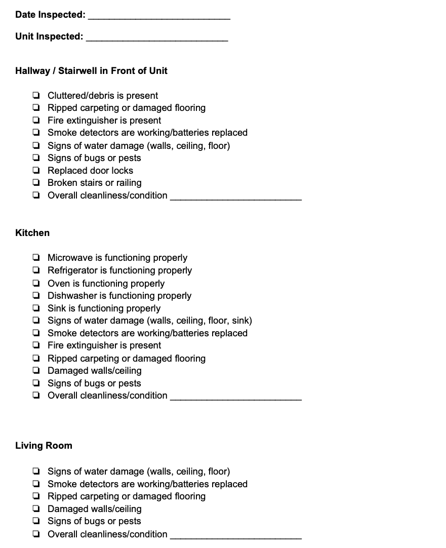 Example of a rental inspection checklist from RentRedi