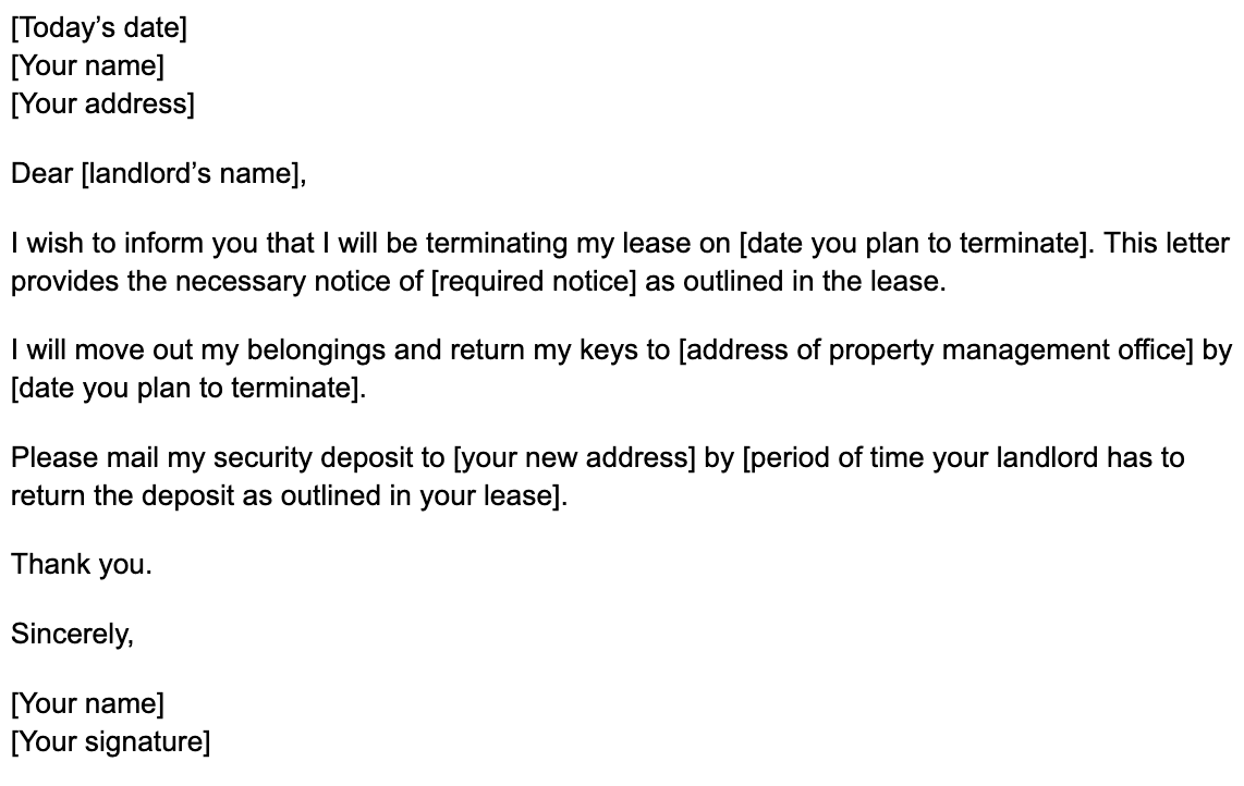 lease termination letter from tenant, text copy below