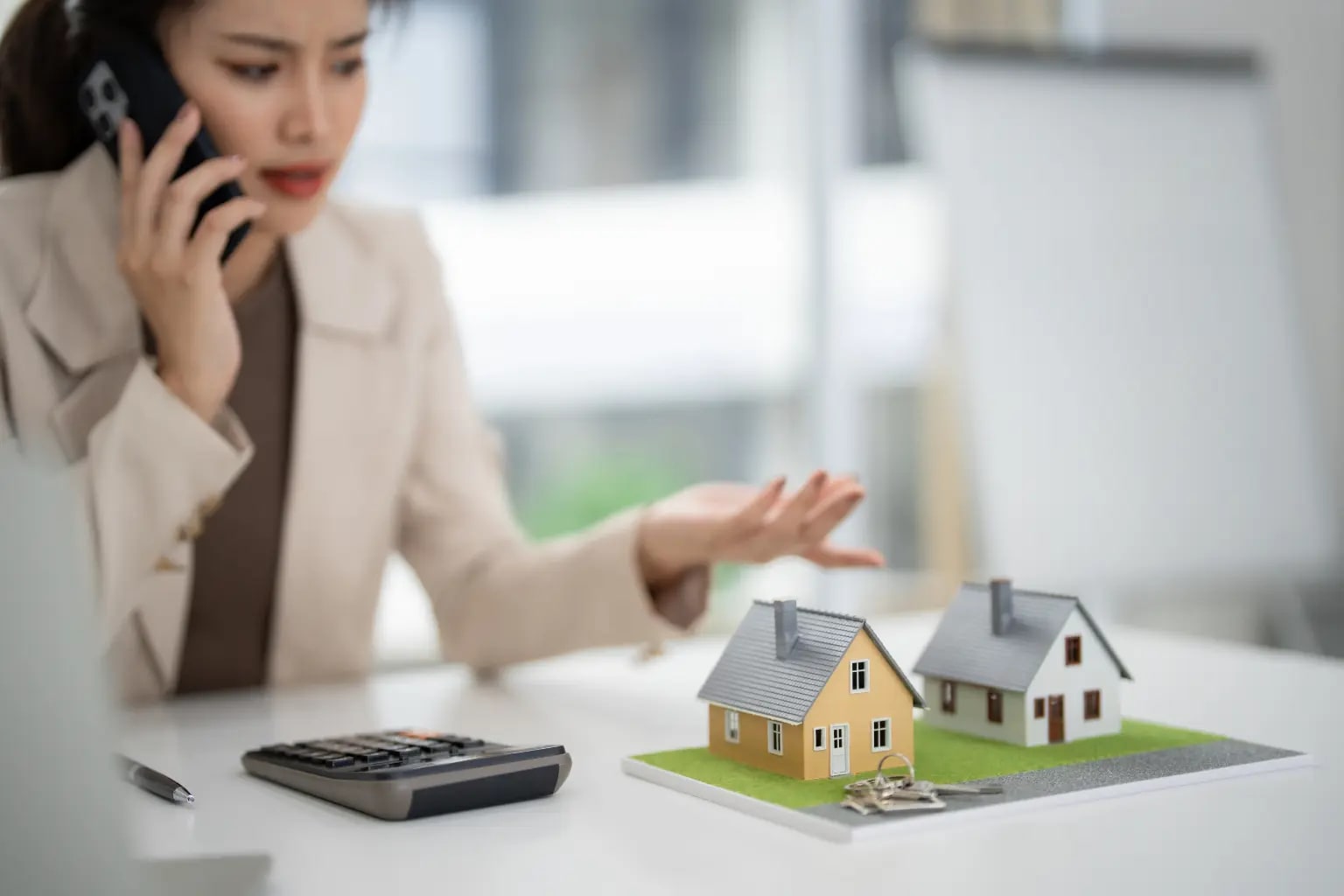 Landlord bookkeeping software needs highlighted as a property manager talks on the phone beside miniature house models and a calculator on her desk