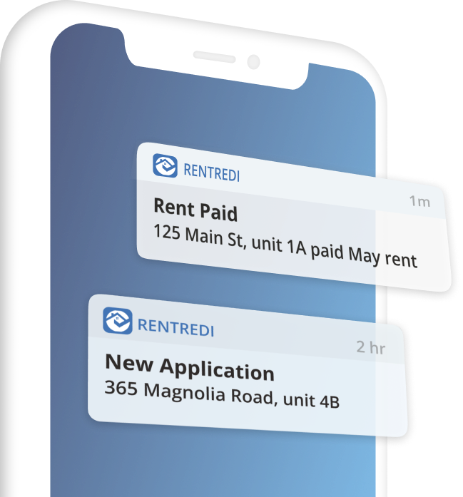 image shows mobile phone with notifications about rent payment and new application from rentredi mobile landlord app